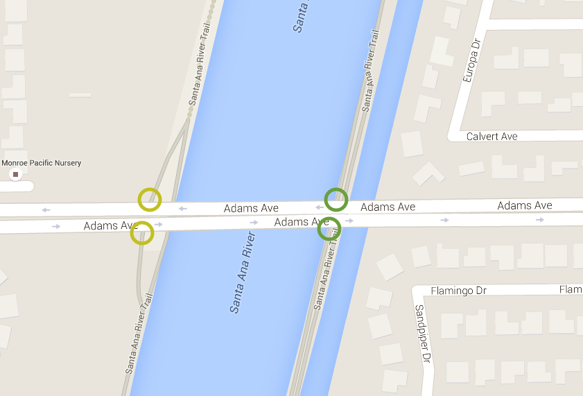 The Adams Ave. entrance to the Santa Ana River Trail. Image and map data from Google Maps 2015.