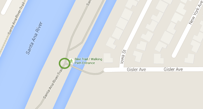 The Gisler Ave. entrance to the Santa Ana River Trail. Image and map data from Google Maps 2015.