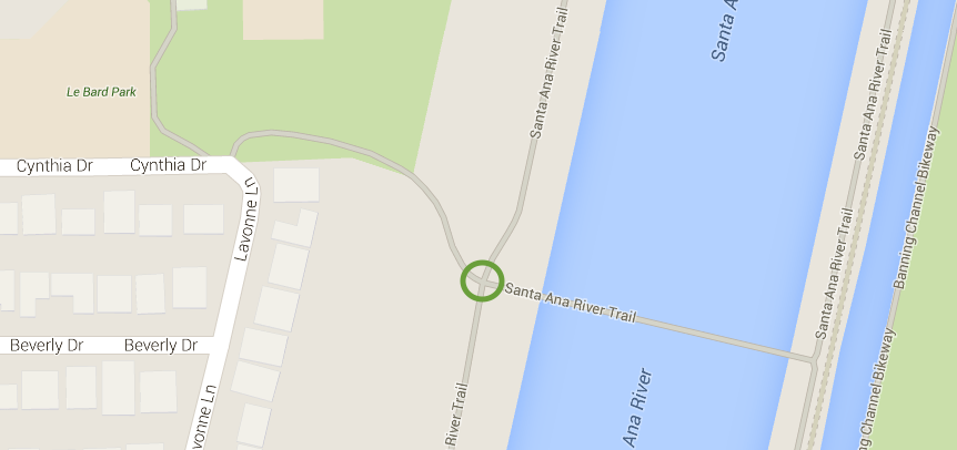 The LeBard Park entrance to the Santa Ana River Trail. Image and map data from Google Maps 2015.