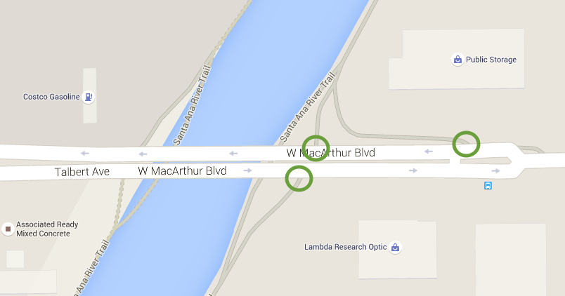 The Sunflower Ave. exit to the Santa Ana River Trail. Image and map data from Google Maps 2015.