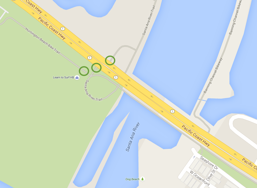 The PCH and Huntington State Beach entrance to the Santa Ana River Trail. Image and map data from Google Maps 2015.