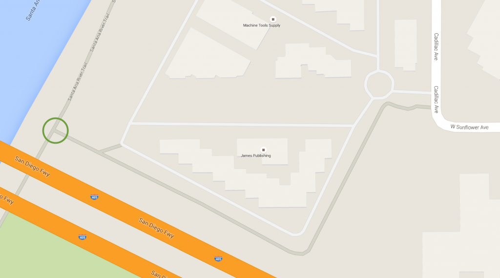 The Sunflower Ave. exit to the Santa Ana River Trail. Image and map data from Google Maps 2015.