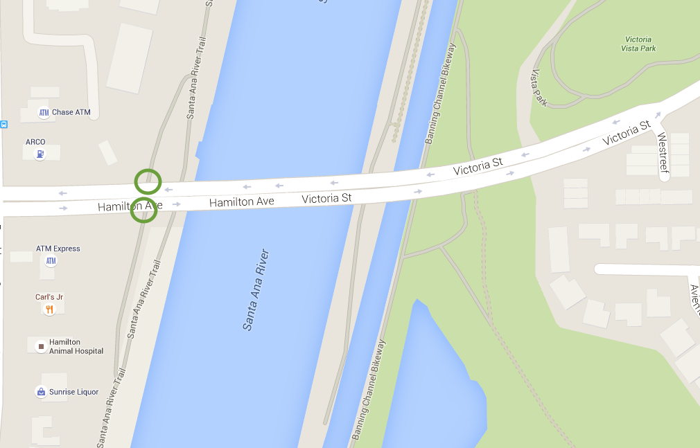 The Victoria / Hamilton entrance to the Santa Ana River Trail. Image and map data from Google Maps 2015.