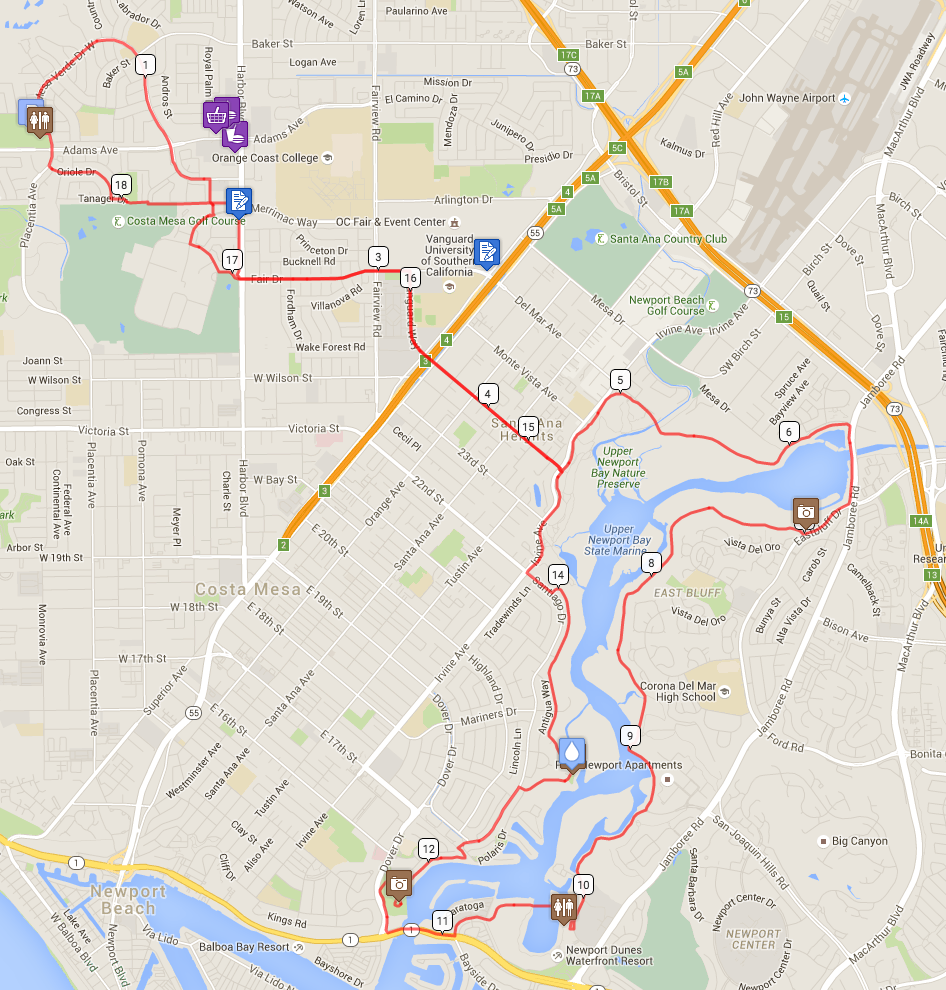 Map for my Costa Mesa to Newport Back Bay loop. Map data from Google 2016; ride details from RideWithGPS.