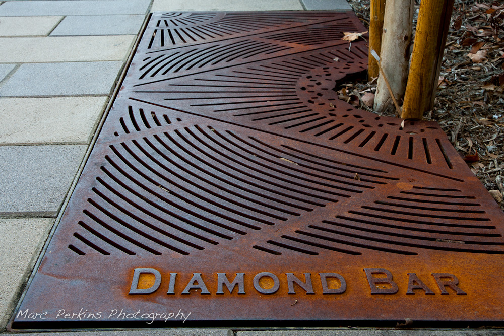 Iron tree grates form the base of most of the trees planted for the Grand Avenue Beautification project. This one has lots of contrast, reflections, and almost looks art-deco to me. This was part of the 2015 rebuild of the Grand Avenue and Diamond Bar Boulevard intersection for Diamond Bar's 2015 "Grand Avenue Beautification" project, landscape architecture for the project was by David Volz Design.