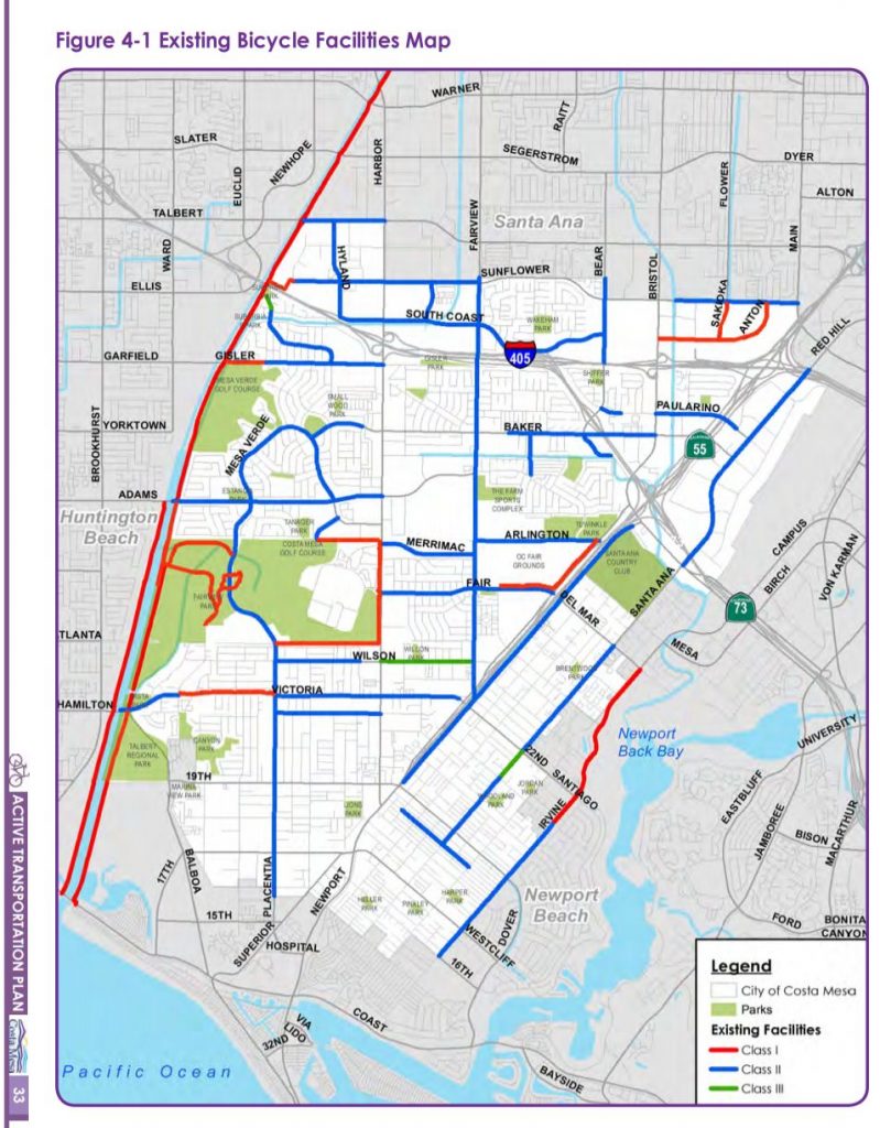 A map of Costa Mesa, CA showing bike paths.