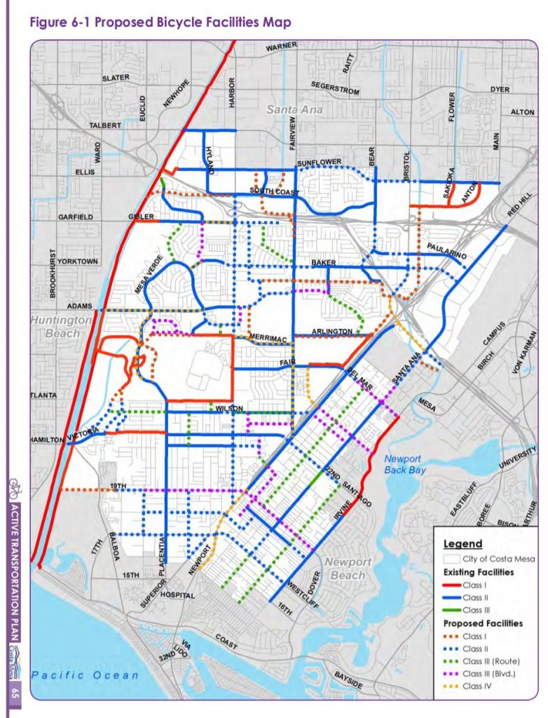 Map of proposed new and existing bike paths in Costa Mesa.