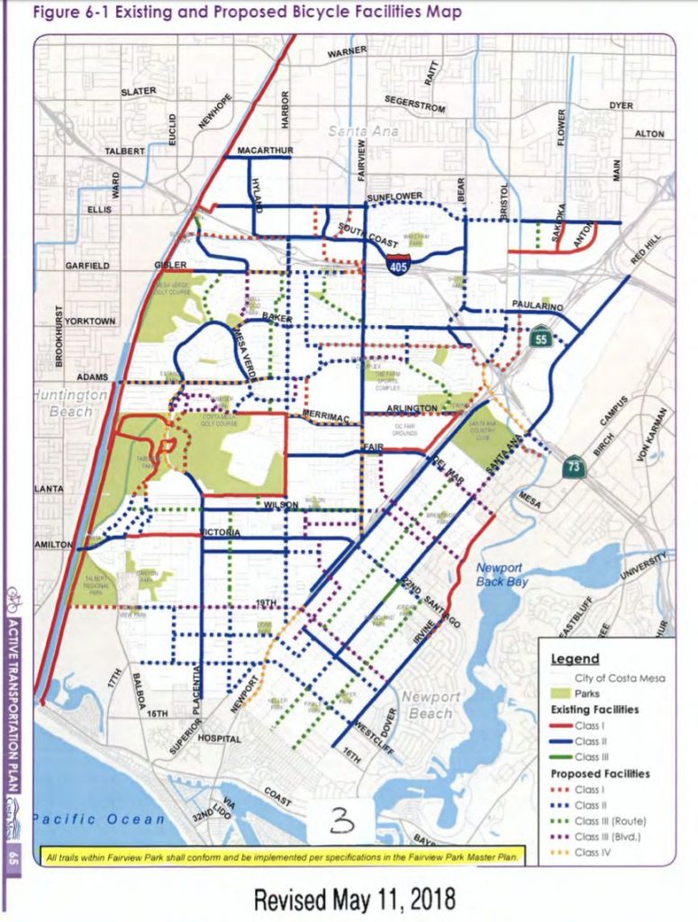 Diagram showing bike lanes in the city of Costa Mesa