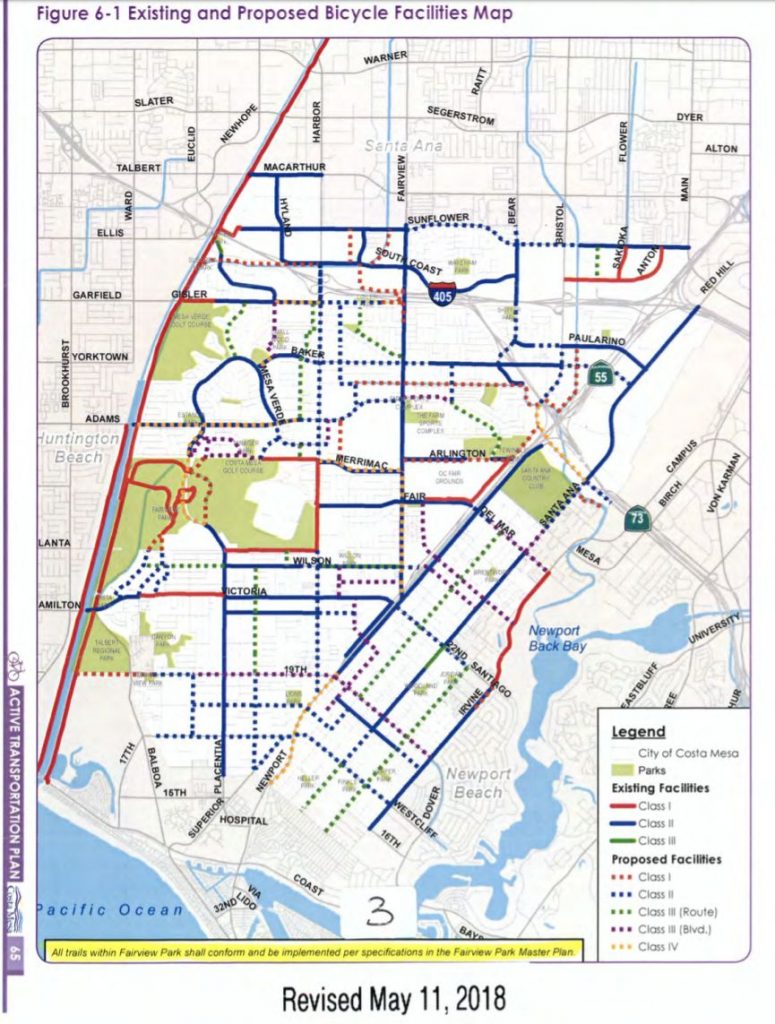 Diagram showing bike lanes in the city of Costa Mesa