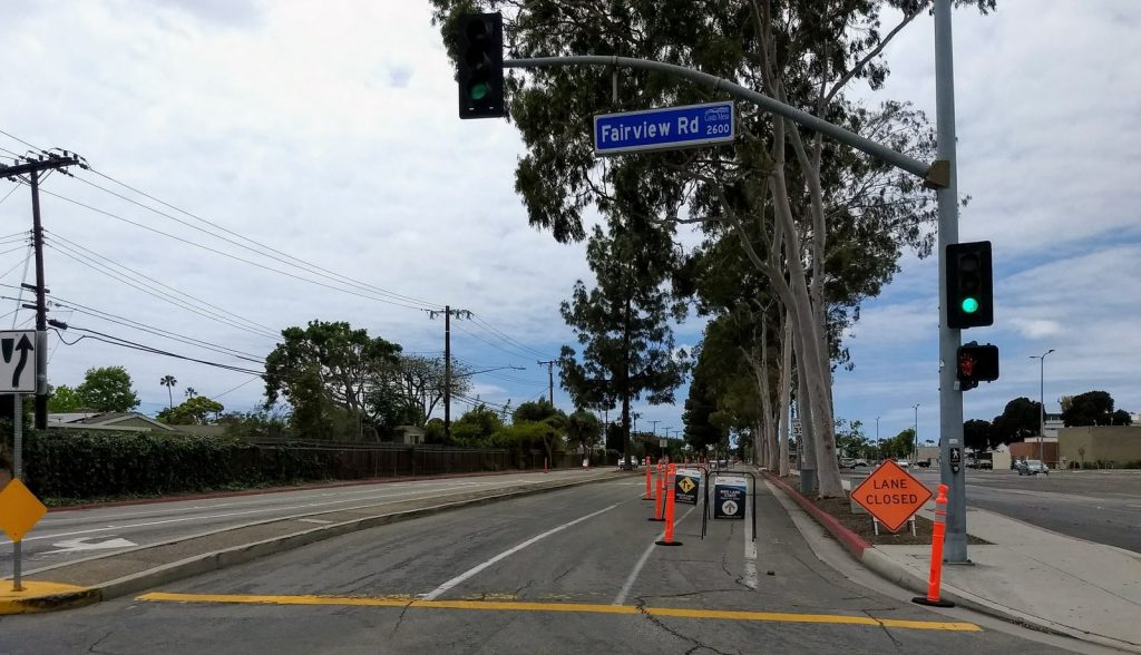 The start of the demonstration protected bike lane as seen from Fairview Road.