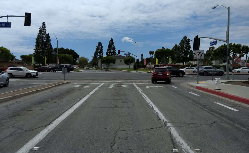 Merrimac Way at Harbor Boulevard, looking west. 