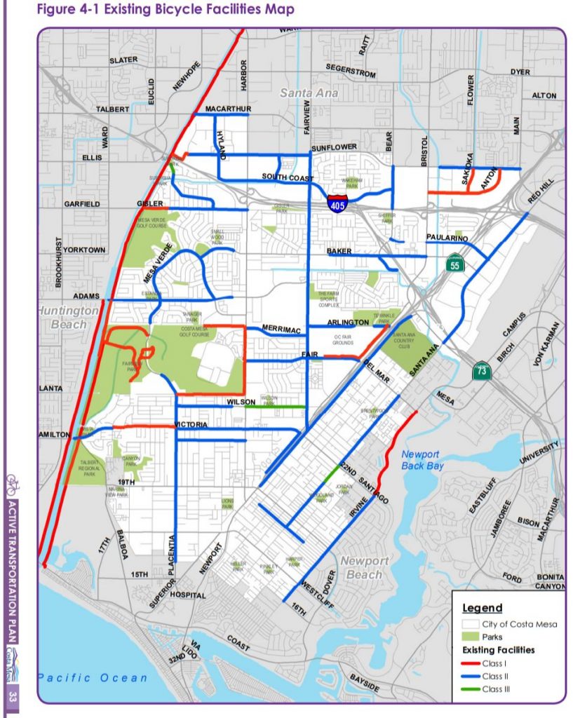 map of existing bike routes in Costa Mesa