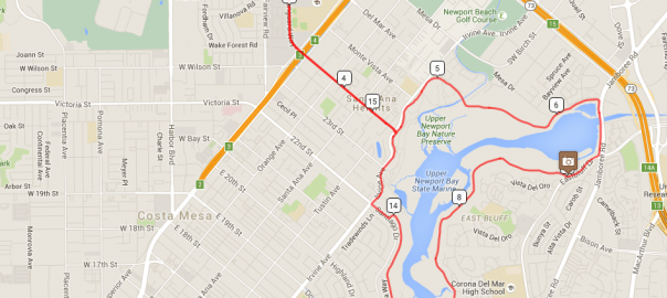 Map for my Costa Mesa to Newport Back Bay loop. Map data from Google 2016; ride details from RideWithGPS.
