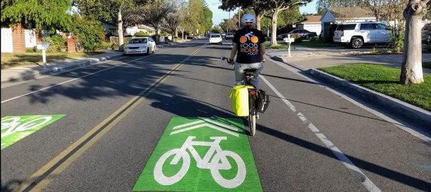 Person on bike in a street next to a Sharrow.